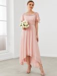 Chiffon Ruffle Sleeves Asymmetrical Hem Mother of the Bride Dress – Pink