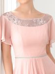 Chiffon Ruffle Sleeves Asymmetrical Hem Mother of the Bride Dress – Pink