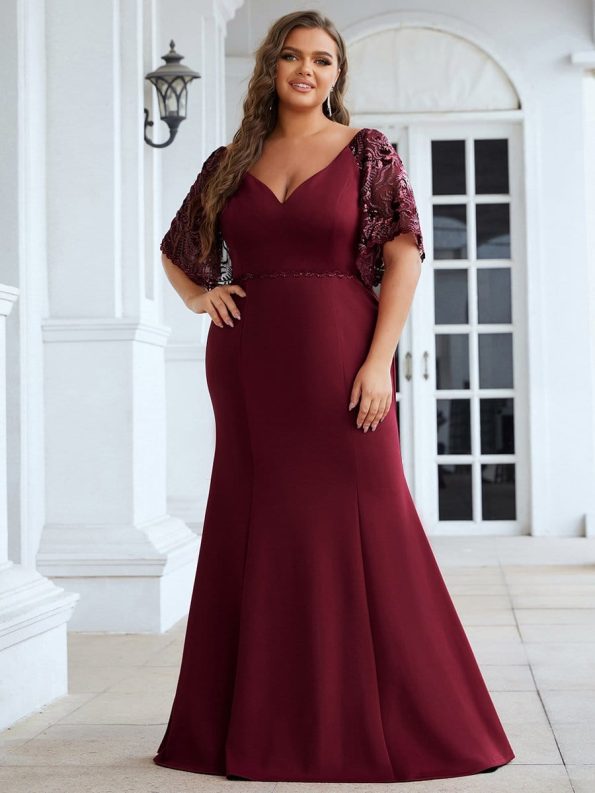 Sexy V Neck Maxi Bodycon Evening Dress with Flare Sleeves - Burgundy