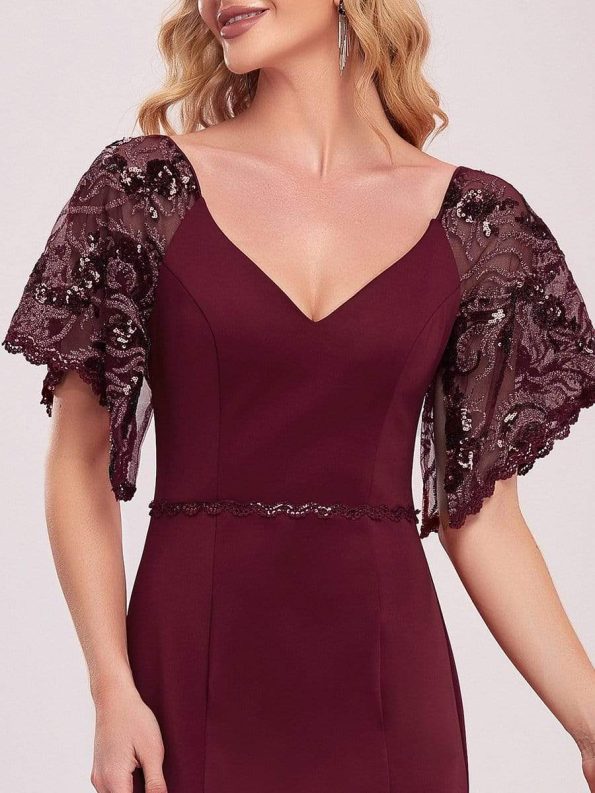 Sexy V Neck Maxi Bodycon Evening Dress with Flare Sleeves - Burgundy