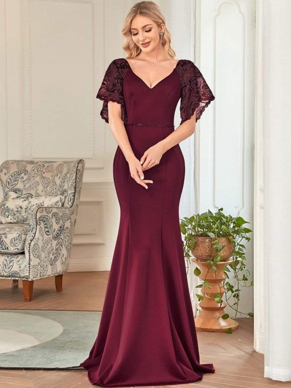 Sexy V Neck Maxi Bodycon Evening Dress with Flare Sleeves - Burgundy