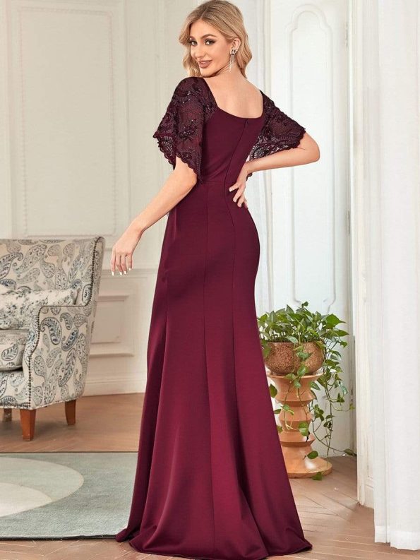 Sexy V Neck Maxi Bodycon Evening Dress with Flare Sleeves - Burgundy