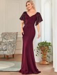 Sexy V Neck Maxi Bodycon Evening Dress with Flare Sleeves – Burgundy