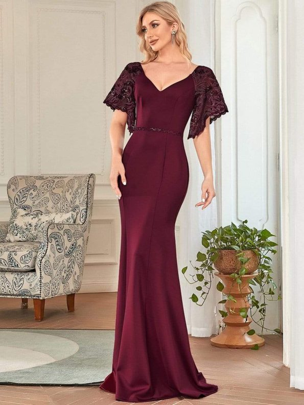 Sexy V Neck Maxi Bodycon Evening Dress with Flare Sleeves - Burgundy