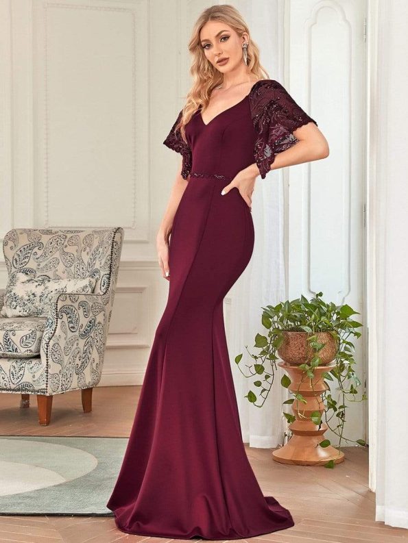 Sexy V Neck Maxi Bodycon Evening Dress with Flare Sleeves - Burgundy