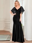 Sexy V Neck Maxi Bodycon Evening Dress with Flare Sleeves – Black