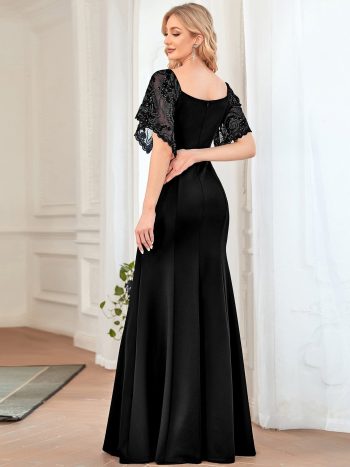 Sexy V Neck Maxi Bodycon Evening Dress with Flare Sleeves - Black
