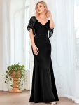 Sexy V Neck Maxi Bodycon Evening Dress with Flare Sleeves – Black