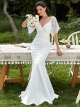 Sexy V Neck Maxi Bodycon Evening Dress with Flare Sleeves - Cream