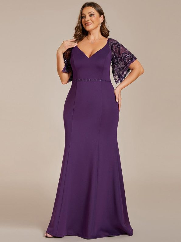 Sexy V Neck Maxi Bodycon Evening Dress with Flare Sleeves - Dark Purple