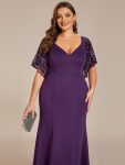 Sexy V Neck Maxi Bodycon Evening Dress with Flare Sleeves – Dark Purple