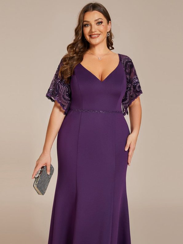 Sexy V Neck Maxi Bodycon Evening Dress with Flare Sleeves - Dark Purple