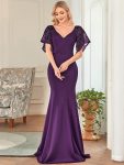 Sexy V Neck Maxi Bodycon Evening Dress with Flare Sleeves – Dark Purple