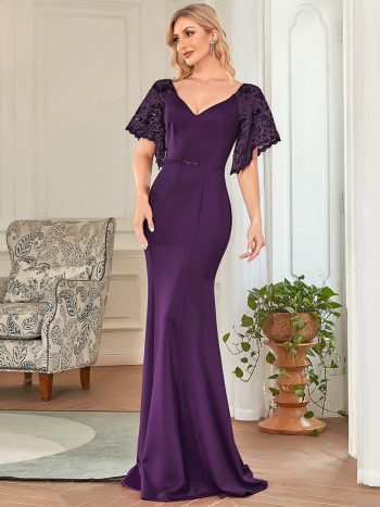 Sexy V Neck Maxi Bodycon Evening Dress with Flare Sleeves - Dark Purple