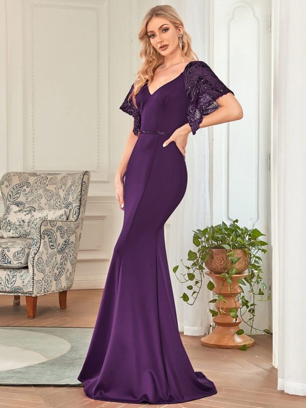 Sexy V Neck Maxi Bodycon Evening Dress with Flare Sleeves - Dark Purple