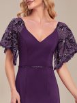 Sexy V Neck Maxi Bodycon Evening Dress with Flare Sleeves – Dark Purple