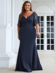 Sexy V Neck Maxi Bodycon Evening Dress with Flare Sleeves – Navy Blue