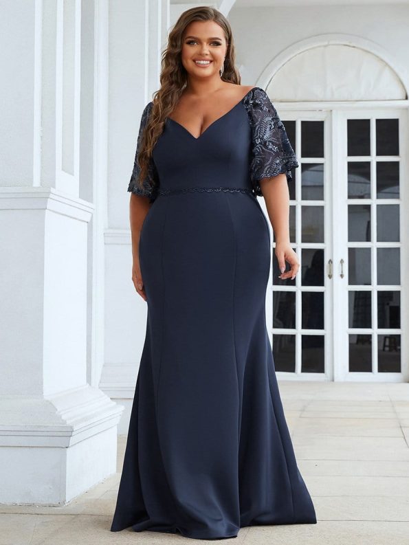 Sexy V Neck Maxi Bodycon Evening Dress with Flare Sleeves - Navy Blue