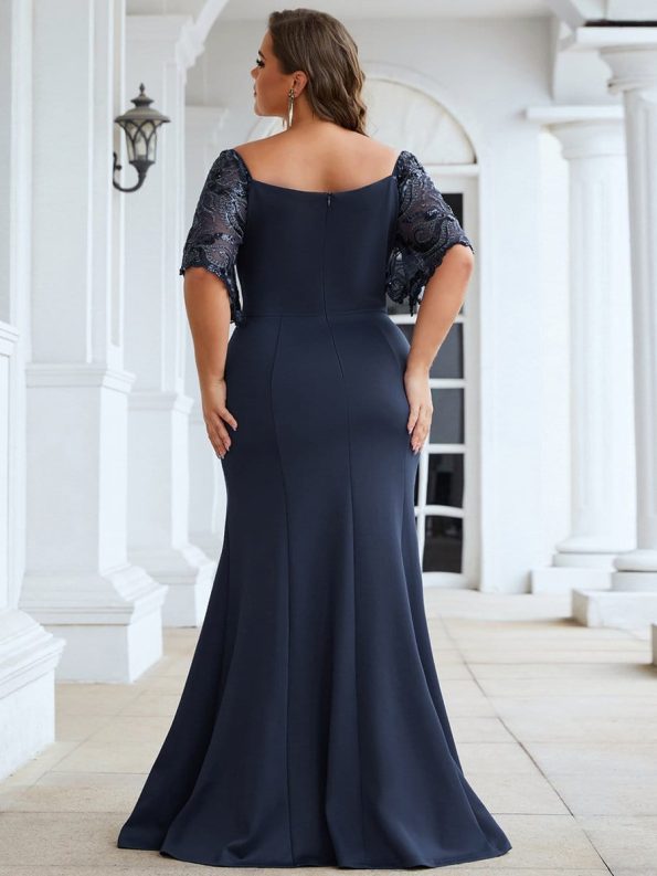 Sexy V Neck Maxi Bodycon Evening Dress with Flare Sleeves - Navy Blue