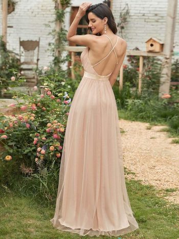 Sexy V-neck Open Back Pleated Maxi Tulle Evening Dresses - Blush