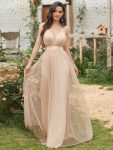 Sexy V-neck Open Back Pleated Maxi Tulle Evening Dresses – Blush