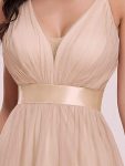 Sexy V-neck Open Back Pleated Maxi Tulle Evening Dresses – Blush