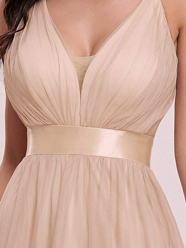 Sexy V-neck Open Back Pleated Maxi Tulle Evening Dresses - Blush