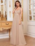 Sexy V-neck Open Back Pleated Maxi Tulle Evening Dresses – Blush