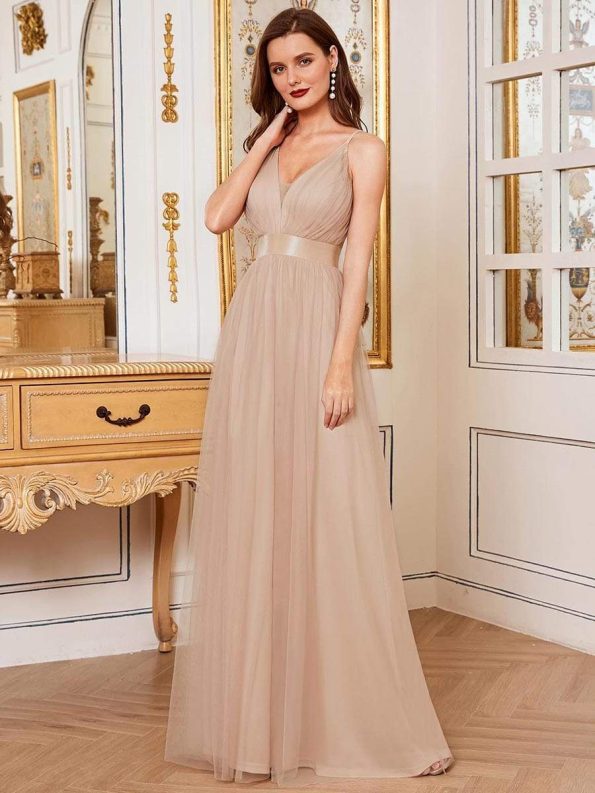 Sexy V-neck Open Back Pleated Maxi Tulle Evening Dresses - Blush