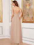 Sexy V-neck Open Back Pleated Maxi Tulle Evening Dresses – Blush