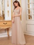 Sexy V-neck Open Back Pleated Maxi Tulle Evening Dresses – Blush