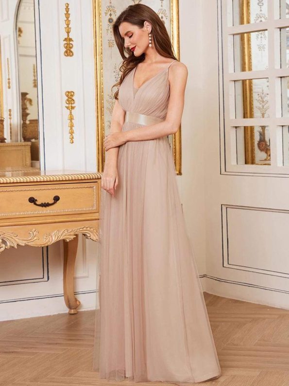 Sexy V-neck Open Back Pleated Maxi Tulle Evening Dresses - Blush