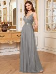 Sexy V-neck Open Back Pleated Maxi Tulle Evening Dresses - Grey