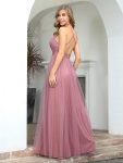 Sexy V-neck Open Back Pleated Maxi Tulle Evening Dresses – Purple Orchid