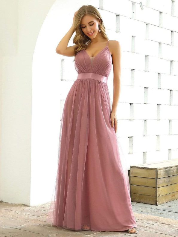 Sexy V-neck Open Back Pleated Maxi Tulle Evening Dresses - Purple Orchid