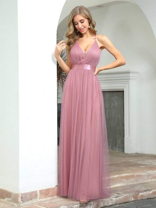 Sexy V-neck Open Back Pleated Maxi Tulle Evening Dresses - Purple Orchid