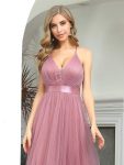 Sexy V-neck Open Back Pleated Maxi Tulle Evening Dresses – Purple Orchid