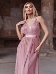 Sexy V-neck Open Back Pleated Maxi Tulle Evening Dresses – Purple Orchid