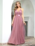 Sexy V-neck Open Back Pleated Maxi Tulle Evening Dresses – Purple Orchid