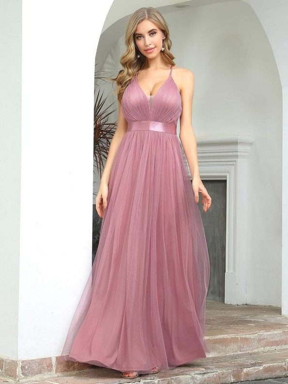 Sexy V-neck Open Back Pleated Maxi Tulle Evening Dresses - Purple Orchid