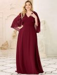 Elegant V Neck Flowy Chiffon Bridesmaid Dresses with Wraps – Burgundy