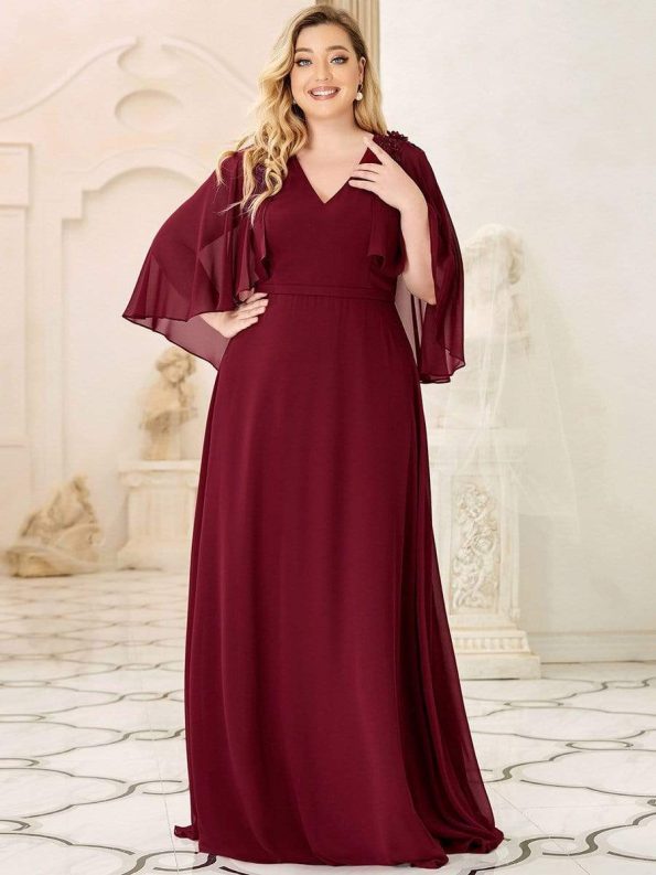 Elegant V Neck Flowy Chiffon Bridesmaid Dresses with Wraps - Burgundy