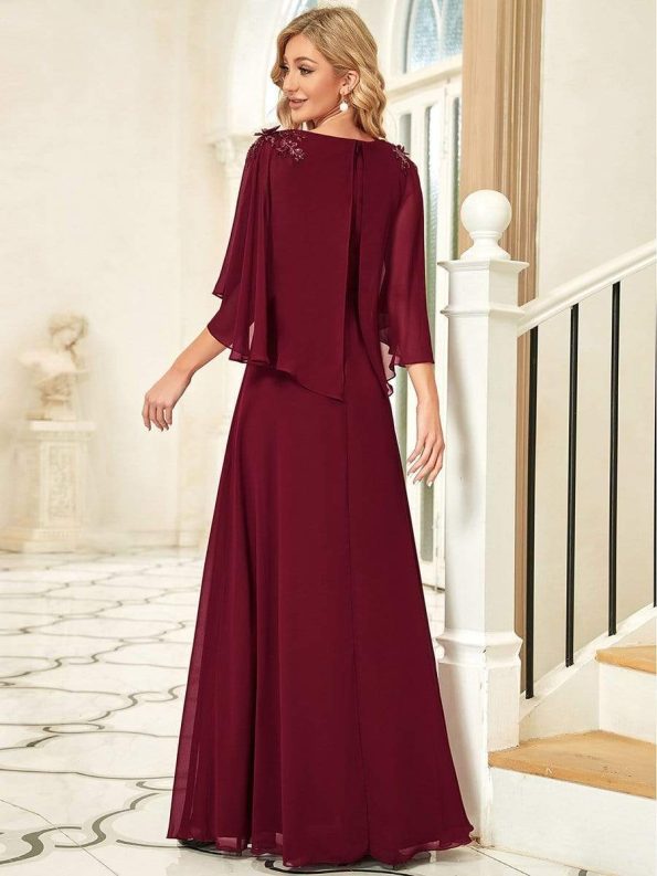 Elegant V Neck Flowy Chiffon Bridesmaid Dresses with Wraps - Burgundy