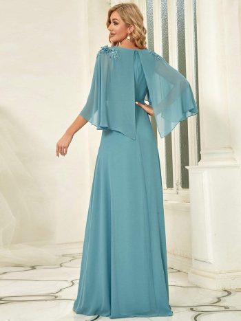 Elegant V Neck Flowy Chiffon Bridesmaid Dresses with Wraps - Dusty Blue