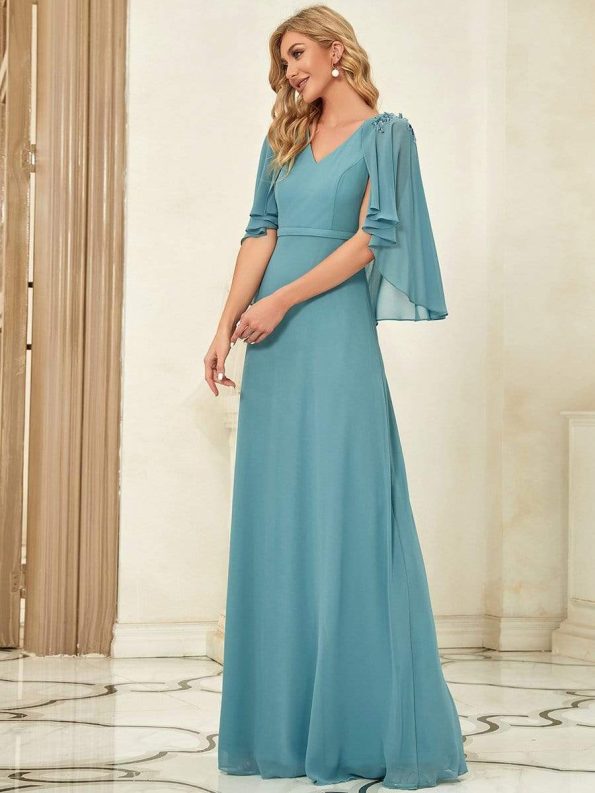 Elegant V Neck Flowy Chiffon Bridesmaid Dresses with Wraps - Dusty Blue