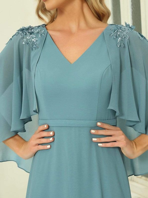 Elegant V Neck Flowy Chiffon Bridesmaid Dresses with Wraps - Dusty Blue