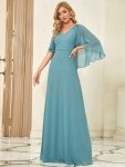 Elegant V Neck Flowy Chiffon Bridesmaid Dresses with Wraps – Dusty Blue