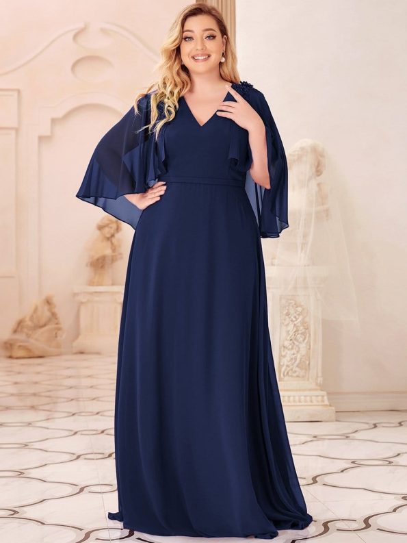 Elegant V Neck Flowy Chiffon Bridesmaid Dresses with Wraps - Navy Blue