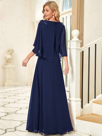 Elegant V Neck Flowy Chiffon Bridesmaid Dresses with Wraps - Navy Blue