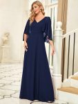 Elegant V Neck Flowy Chiffon Bridesmaid Dresses with Wraps – Navy Blue